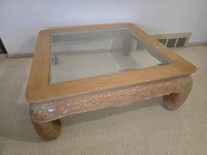 lot 34 image: Blonde Square Glass Surface Coffee Table with Floral Carved Accents