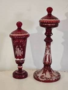 lot 130 image: Vintage Antique Bohemian Ruby Cut to Clear Glass Lidded Candle Holder Pair