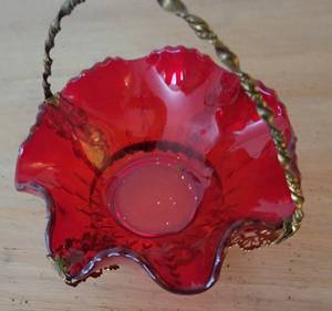 lot 66 image: Vintag Ruby Red Ruffled Glass Handled Brides Basket