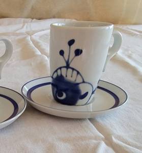 lot 72 image: Porsgrund Norway Porcelain Blue and White Cup & Saucer Pair