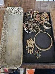 lot 3 image: Assortment Of Brass Bangle Bracelets, Rings, Choker--Includes Metal Basket