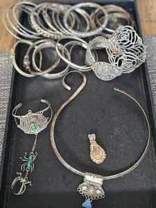 lot 4 image: Assortment Of Silver Bangles, Bracelets, Choker, Charms--Includes Decorative Box