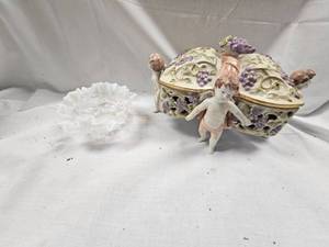 White Opalescent Dish and Cherub Porcelain