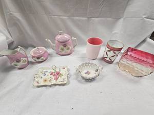 Assorted Toy Tea Set pieces and Fenton Vase