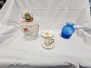 Hand Painted Kerosene Lamp and Glassware