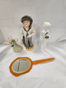 Vintage Hand Mirror and Porcelain Boy Statue