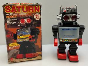 lot 13 image: Vintage Battery Operated SATURN 13 Walking Robot With Light Up Eyes & Shooting Missles (Only One Missile Present) In Original Box (UNTEESTED)