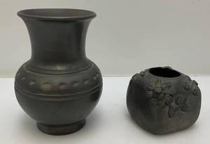lot 43 image: Vintage Signed Dona Rosa Black Pottery Square Signed Carved Floral Vase 2 34 & Unknown Artist Signed Black Pottery Vase 5 34
