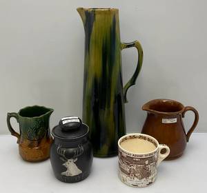 lot 48 image: Misc. Vintage Pottery Itewms Including Majolica Pitcher & More