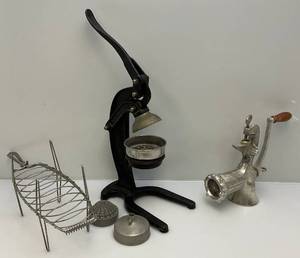 lot 50 image: Vintage Cast Iron Juicer, Meat Grinder & More