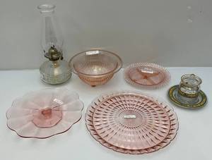lot 53 image: Misc. Vintage Pink Depression Glass, Decorative Glass Jelly Jar & More