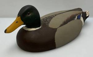 lot 62 image: 1979 Large Hand Carved Wood Drake Mallard Decoy Signed R. Schiebel 6 12 x 20