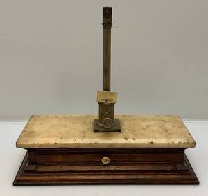lot 84 image: Vintage Balance Scale With Marble Top Wooden Base (Missing Pieces)
