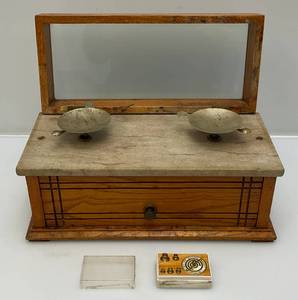 lot 86 image: Antique Marble & Wood Table Top Balance Scale WBrass Weights