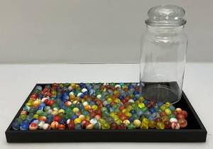 lot 150 image: Misc. Vintage Marbles In Glass Lidded Bottle