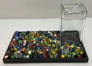lot 153 image: Misc. Vintage Marbles In Glass Lidded Bottle