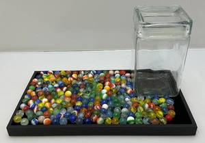 lot 154 image: Misc. Vintage Marbles In Glass Lidded Bottle