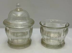 lot 160 image: Two Vintage  8 Indian Glass, Doctors Office Apothecary Transfer Jar, Candy Store One With Lid (One Has Chip On Rim Glued)