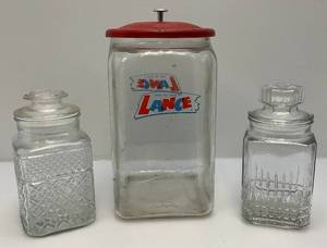 lot 161 image: Vintage Decorative Glass Jars With Lids 1 Lance Large Countertop Display Jar (Has Cracked Glass) Two  Decorative Cut Glass