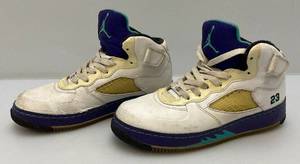 lot 163 image: Preowned Vintage Air Jordan ForceAJF 5 WhitePurple Peel Stealth Maize Size 7Y
