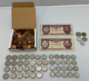 lot 195 image: Misc. Foreign & US Currency & Coins Including 1960s Nickels , Quarters & More
