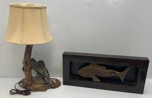 lot 212 image: Vintage DHM Walleye Lamp 15 L x 27 H x 9 W & Framed Metal Fish Sculpture 12 x 27