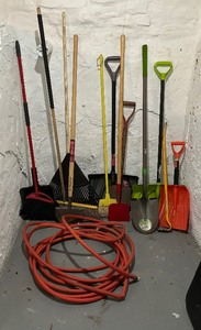 Variety of Shovels, Brooms, Rake, Hose and More