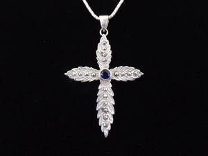 .925 Sterling Silver Art Nouveau Sapphire Crystal Cross Pendant Necklace