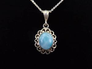 .925 Sterling Silver Polished Raw Larimar Cabochon Pendant Necklace