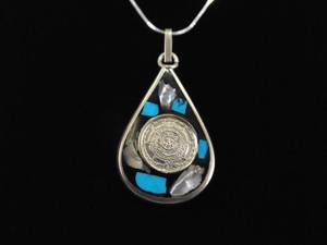 .925 Sterling Silver Inlayed Howlite and Abalone Aztec Pendant Necklace