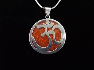.925 Sterling Silver Red Coral OM Yoga Pendant Necklace