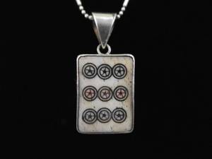 .925 Sterling Silver Bone Carved Mahjong Tile Block Pendant Necklace