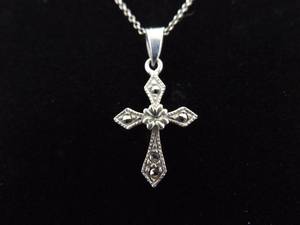 .925 Sterling Silver Art Nouveau Cross Pendant Varnished Necklace