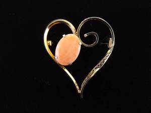.925 Sterling Silver Pink Coral Filigree Vermeil Heart Brooch
