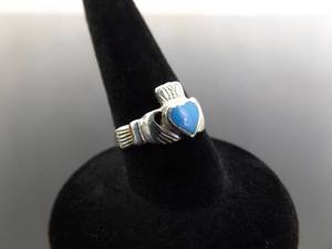 .925 Sterling Silver Inlayed Turquoise Claddagh Ring Size 5.25