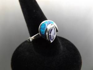 .925 Sterling Silver Marquis Cut Amethyst Inlayed Opal Ring Size 5