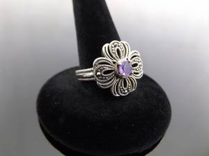 .925 Sterling Silver Art Nouveau Amethyst Flower Ring Size 7