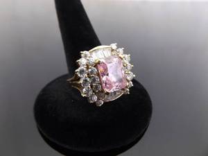 .925 Sterling Silver Pink Sapphire Crystal Vermeil Cocktail Ring Size 7