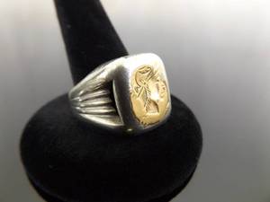 .925 Sterling Silver Gold Accented Etched Soldier Cameo Ring Size 9