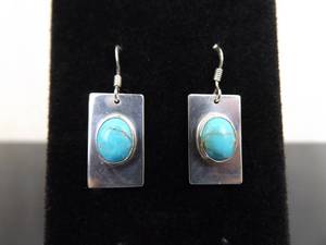.925 Sterling Silver Turquoise Cabochon Hook Dangle Earrings