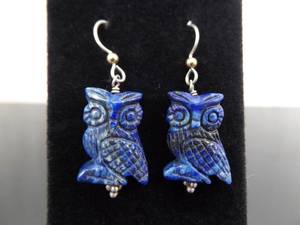 .925 Sterling Silver Lapis Lazuli Owl Hook Dangle Earrings