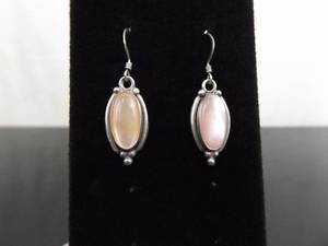 .925 Sterling Silver Pink Mother of Pearl Cabochon Hook Dangle Earrings