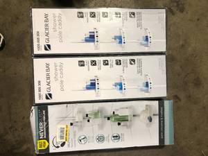 lot 42 image: Lot of 3 Glacier Bay 3-Tier Tension Corner Pole Shower Caddy in White Customer Returns See Pictures