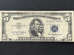 lot 16 image: 1953 A Blue Seal $5 Dollar Silver Certificate