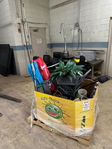 Pallet of Misc Outdoor Items - Tommy Bahama Beach Pop Up Shelter  Hose & Reel  Bird Feeders  Other Misc