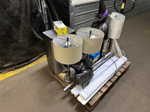 Pallet of Lamps  Shop Lights  A Witch, MIsc Plumbing, Non Working Computer , & More