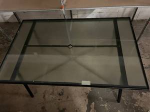 lot 79 image: Glass Outdoor Patio Table with Umbrella Stand