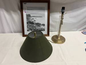Landscape Frame Photo & Gold Lamp With Green Shade