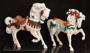 lot 112 image: Vintage Ceramic Projects StartedChristmas Carousel Horse Poinsettia and Santas Toy Bag wLargest 13-Inch