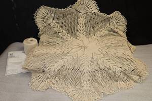 lot 116 image: Vintage Handmade Crocheted Cozy Corner Doily Tablecloth Project